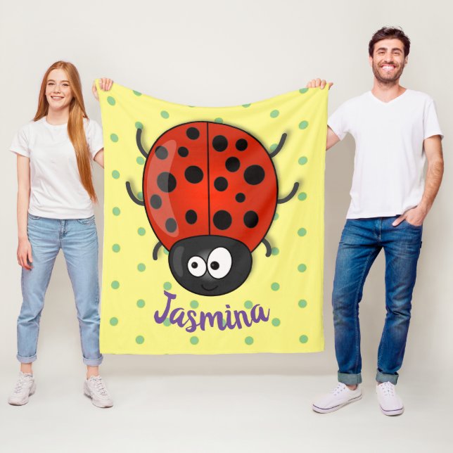 Cute happy red ladybug cartoon illustration fleece blanket (In Situ)