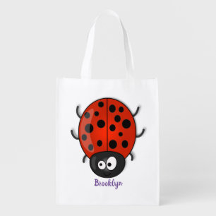 Cute happy red ladybug cartoon illustration grocery bag