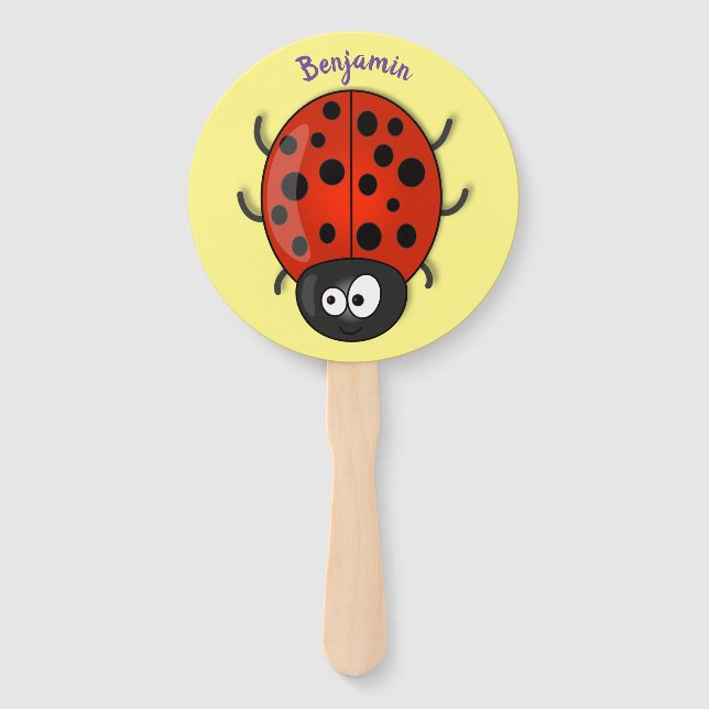 Cute happy red ladybug cartoon illustration hand fan (Front)