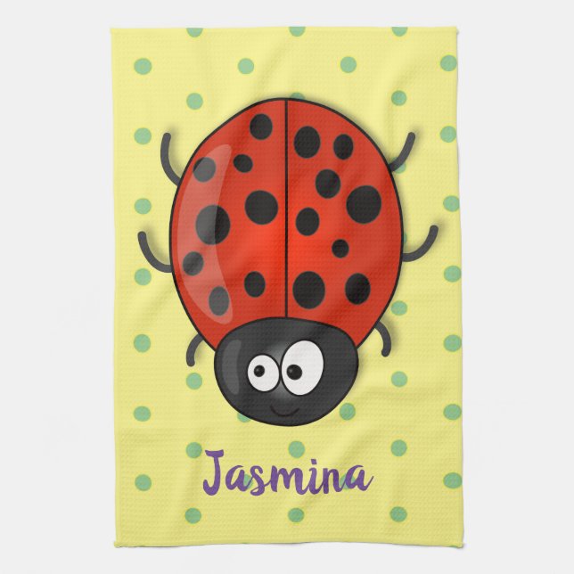 Cute happy red ladybug cartoon illustration kitchen towel (Vertical)