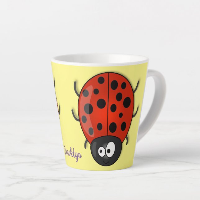 Cute happy red ladybug cartoon illustration latte mug (Right Angle)