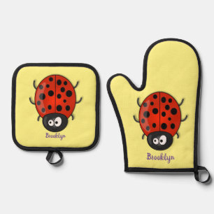 Cute happy red ladybug cartoon illustration oven mitt & pot holder set