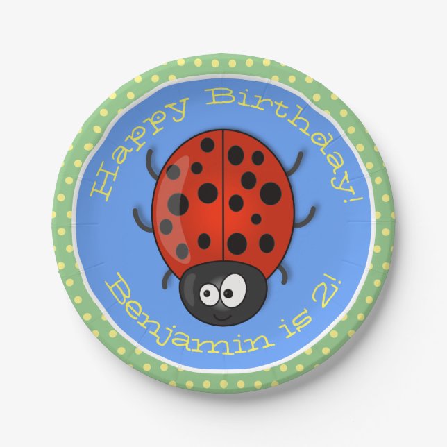 Cute happy red ladybug cartoon illustration paper plates (Front)