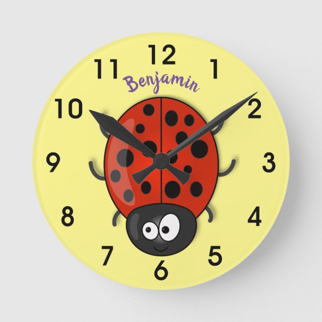 Cute happy red ladybug cartoon illustration round clock (Front)