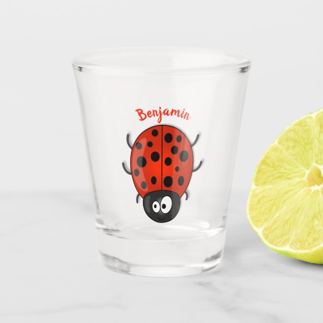 Cute happy red ladybug cartoon illustration shot glass (Front)
