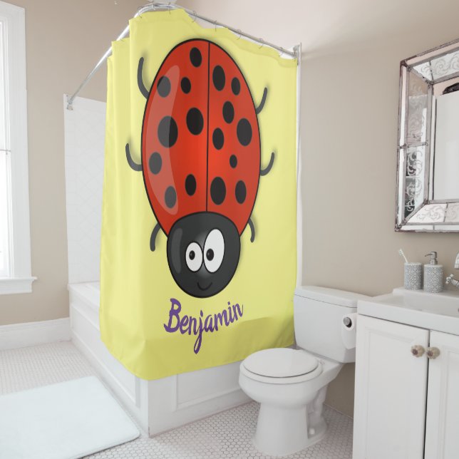 Cute happy red ladybug cartoon illustration shower curtain (In Situ)