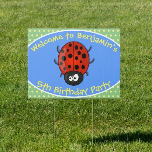 Cute happy red ladybug cartoon illustration sign