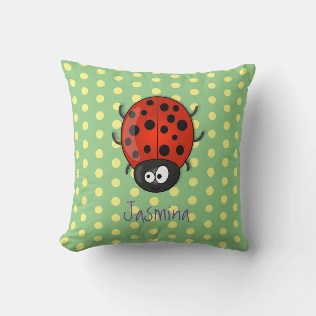 Cute happy red ladybug cartoon illustration throw pillow (Front)