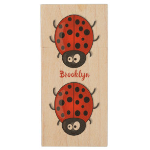Cute happy red ladybug cartoon illustration wood flash drive