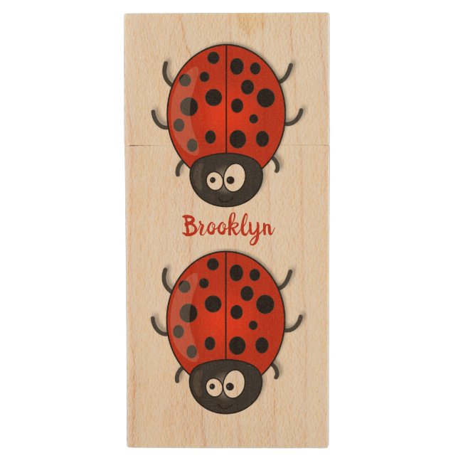 Cute happy red ladybug cartoon illustration wood flash drive (Front Vertical)