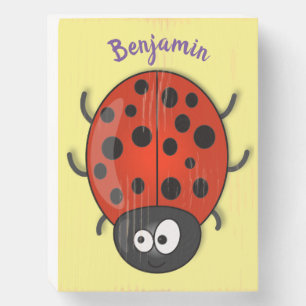 Cute happy red ladybug cartoon illustration wooden box sign