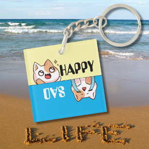 Cute Happy Sad Cartoon Cat, Fun & Simple Custom Keychain