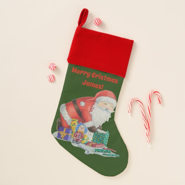 cute happy santa wrapping parcels for christmas stocking (Front)