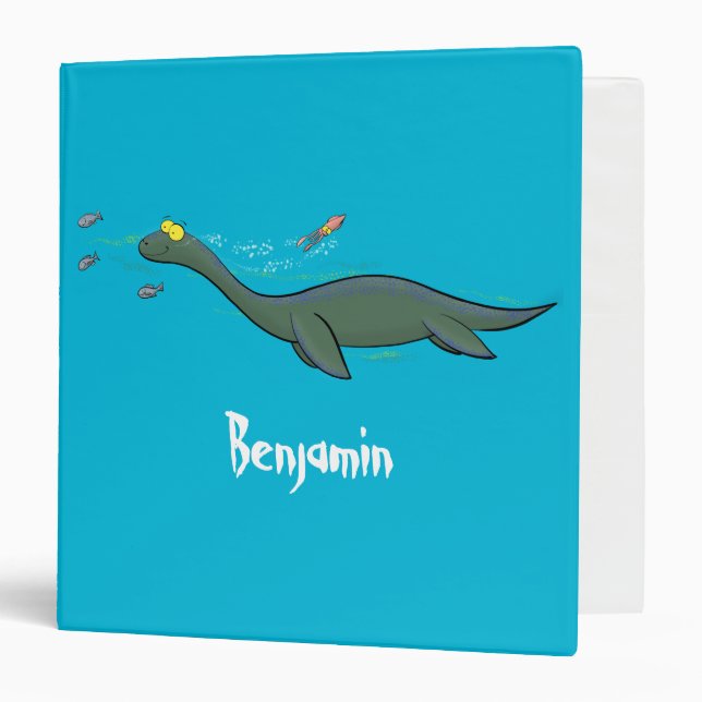 Cute, happy sea monster plesiosaur cartoon 3 ring binder (Front/Inside)