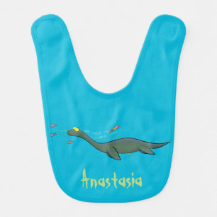 Cute, happy sea monster plesiosaur cartoon baby bib