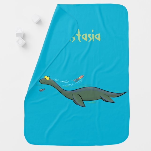 Cute, happy sea monster plesiosaur cartoon baby blanket (In Situ)