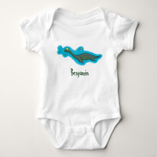 Cute, happy sea monster plesiosaur cartoon baby bodysuit (Front)