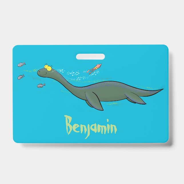 Cute, happy sea monster plesiosaur cartoon badge (Front)