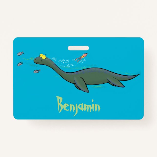 Cute, happy sea monster plesiosaur cartoon badge (Front)
