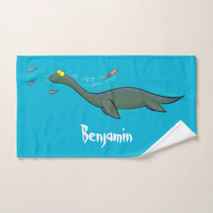 Cute, happy sea monster plesiosaur cartoon bath towel set