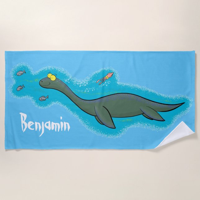 Cute, happy sea monster plesiosaur cartoon beach towel (Front)