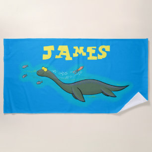 Cute, happy sea monster plesiosaur cartoon beach towel