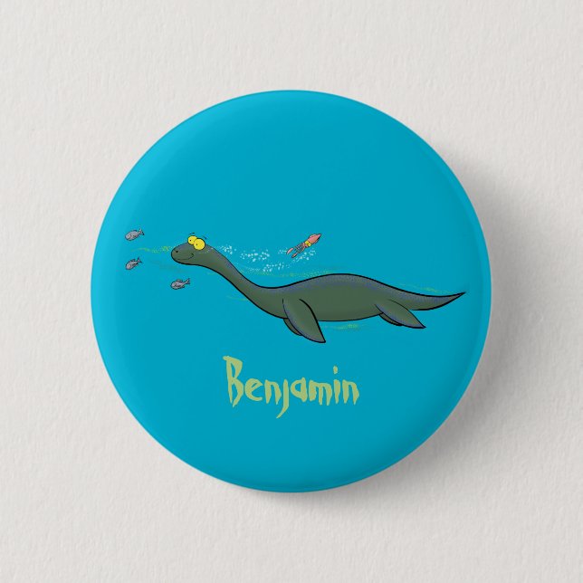 Cute, happy sea monster plesiosaur cartoon button (Front)