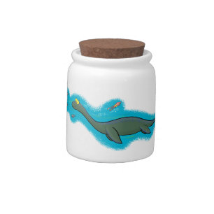 Cute, happy sea monster plesiosaur cartoon candy jar