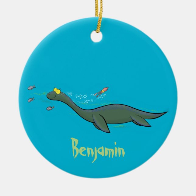 Cute, happy sea monster plesiosaur cartoon ceramic ornament (Front)