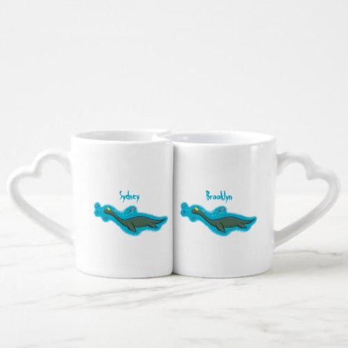 Cute happy sea monster plesiosaur cartoon coffee mug set