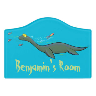 Cute, happy sea monster plesiosaur cartoon door sign