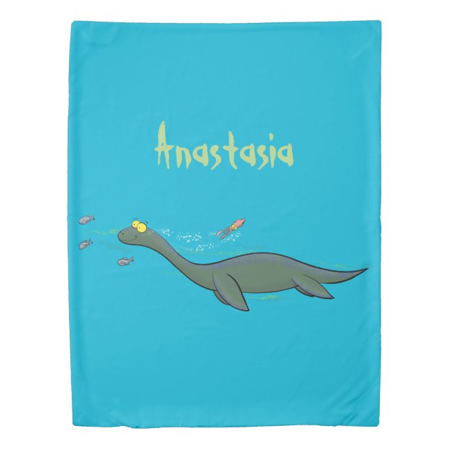 Cute, happy sea monster plesiosaur cartoon duvet cover (Front)