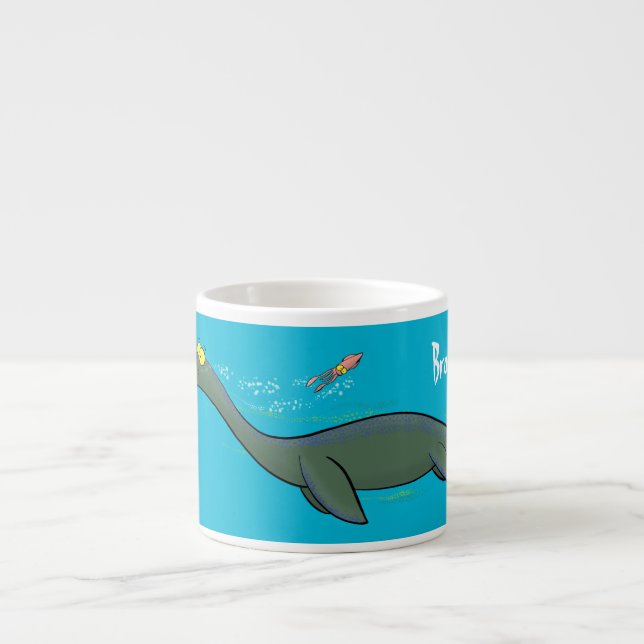 Cute, happy sea monster plesiosaur cartoon espresso cup (Front)