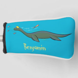 Cute, happy sea monster plesiosaur cartoon golf head cover
