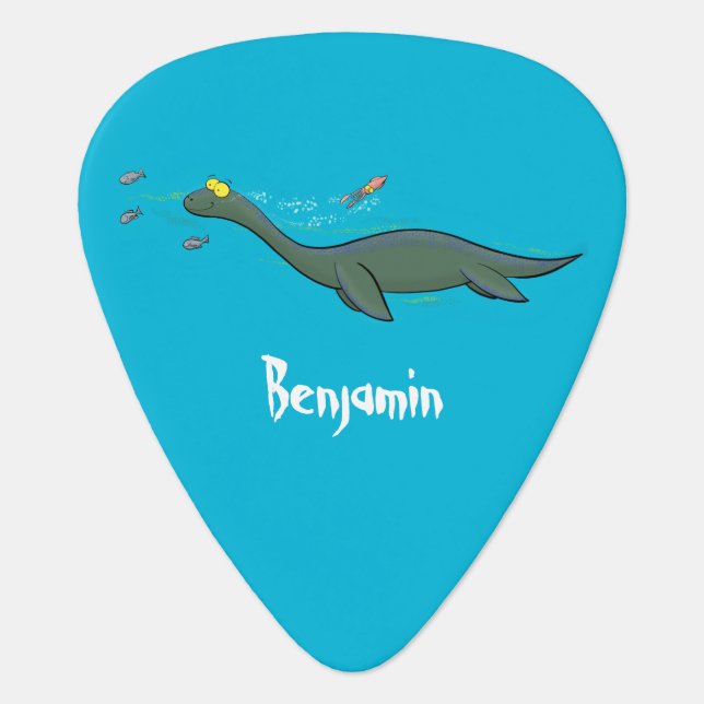 Cute, happy sea monster plesiosaur cartoon guitar pick (Front)
