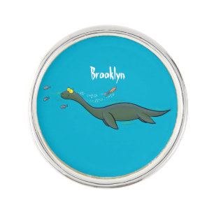 Cute, happy sea monster plesiosaur cartoon lapel pin