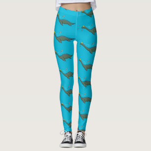 Cute, happy sea monster plesiosaur cartoon leggings