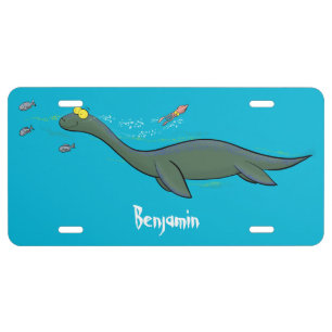 Cute, happy sea monster plesiosaur cartoon  license plate