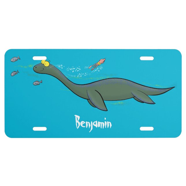 Cute, happy sea monster plesiosaur cartoon  license plate (Front)