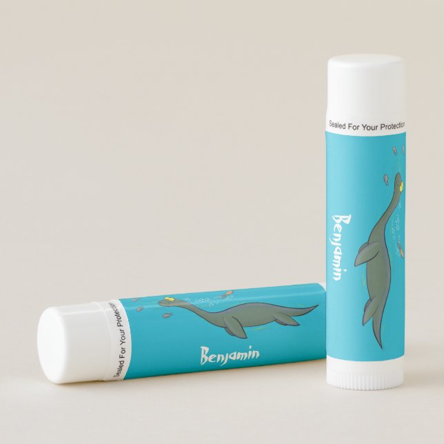 Cute, happy sea monster plesiosaur cartoon lip balm (Front)
