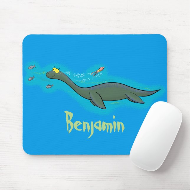 Cute, happy sea monster plesiosaur cartoon mouse pad (With Mouse)