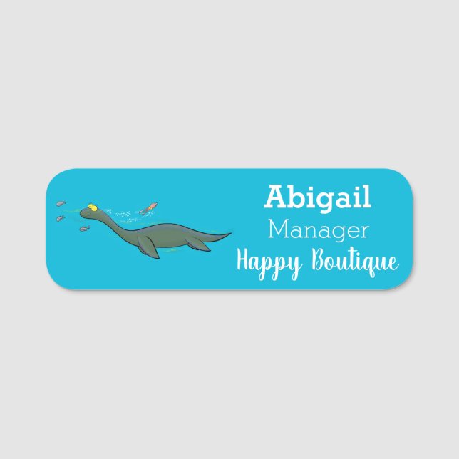 Cute, happy sea monster plesiosaur cartoon name tag (Front)