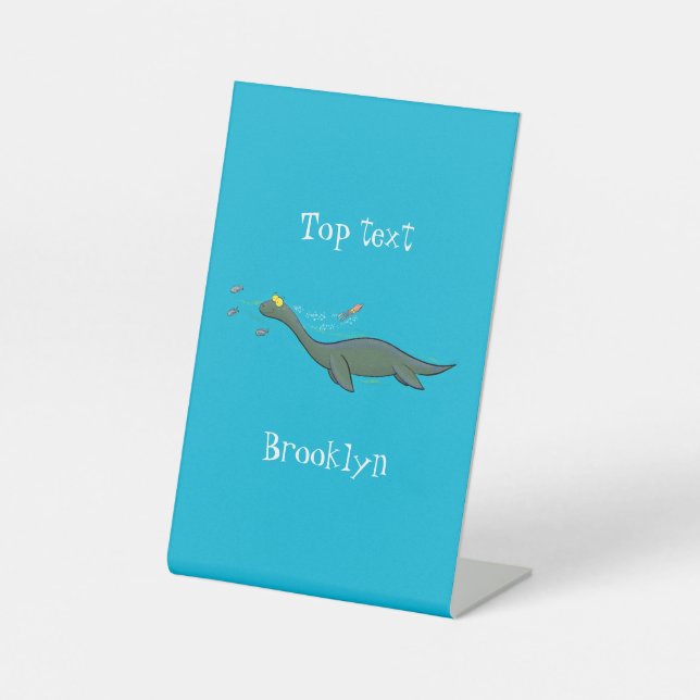 Cute, happy sea monster plesiosaur cartoon pedestal sign (Front)
