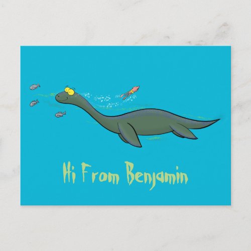 Cute happy sea monster plesiosaur cartoon postcard