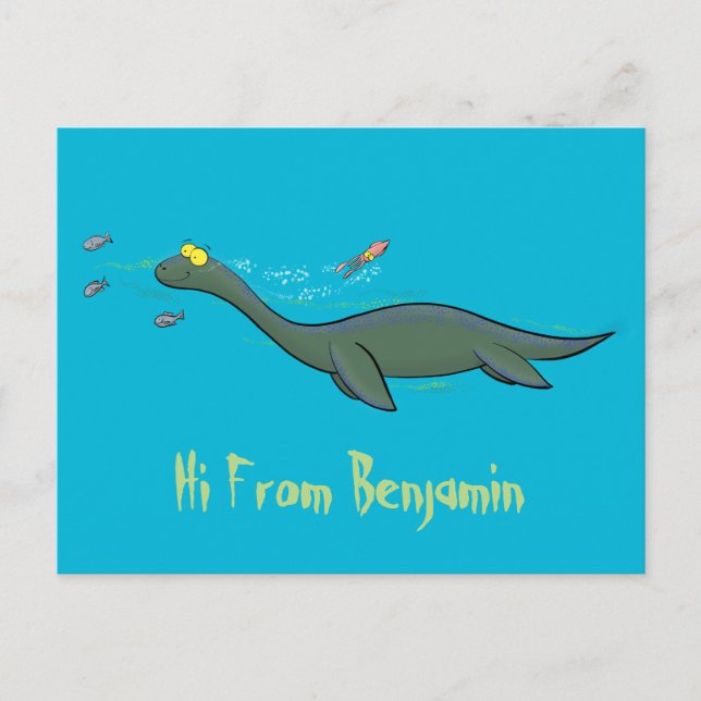 Cute, happy sea monster plesiosaur cartoon postcard (Front)