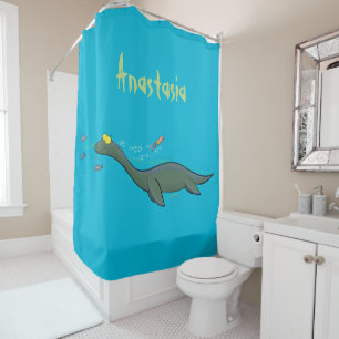 Cute, happy sea monster plesiosaur cartoon shower curtain