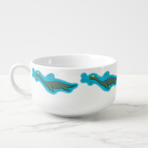 Cute, happy sea monster plesiosaur cartoon soup mug