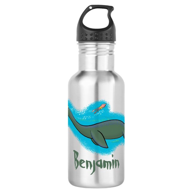 Cute, happy sea monster plesiosaur cartoon stainless steel water bottle (Front)