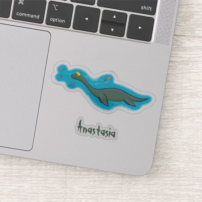Cute, happy sea monster plesiosaur cartoon sticker (Detail)