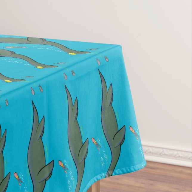 Cute, happy sea monster plesiosaur cartoon tablecloth (In Situ)